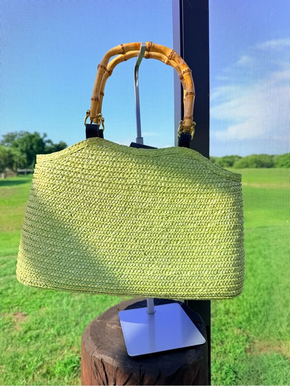 Lime Green Straw Woven Handbag Bamboo Handles Summer Beach Resort Purse